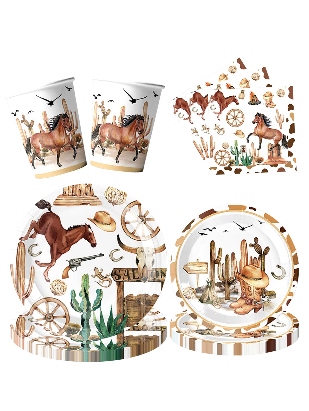 A set of disposable tableware featuring a western theme with horses, cacti, and rustic elements.