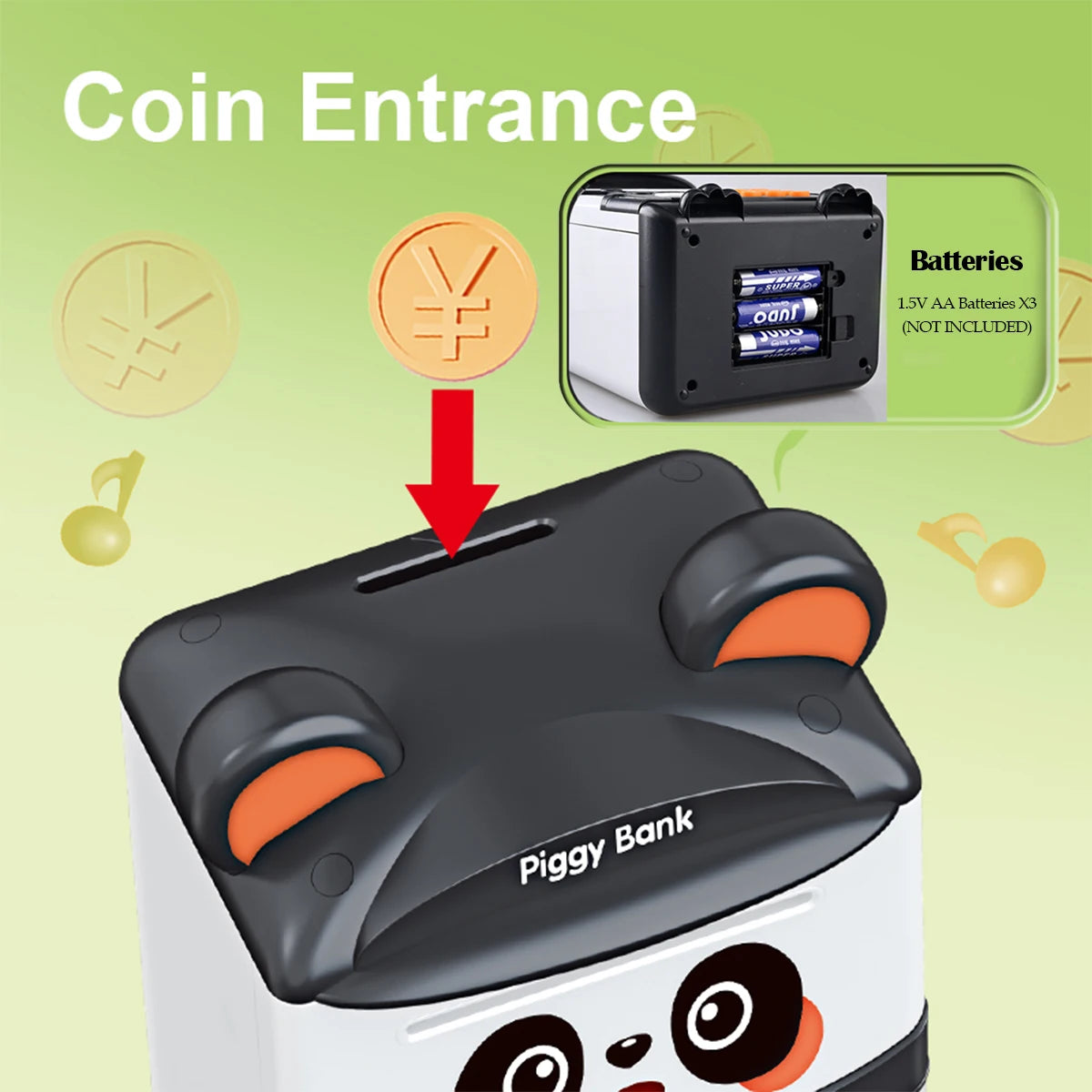 A black piggy bank labeled Piggy Bank with a coin entrance and batteries shown next to it.