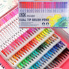 A box of 120 dual tip brush pens in various colors laid out for sale.