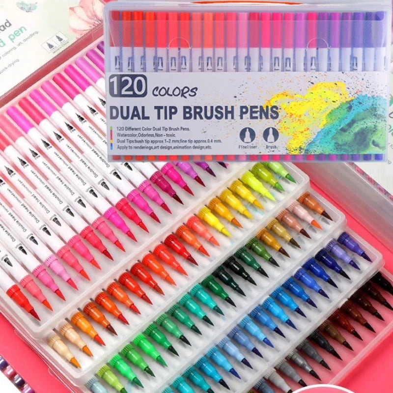 A box of 120 dual tip brush pens in various colors laid out for sale.