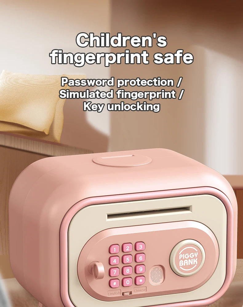 A pink electronic piggy bank with a fingerprint sensor and key unlocking feature for children.