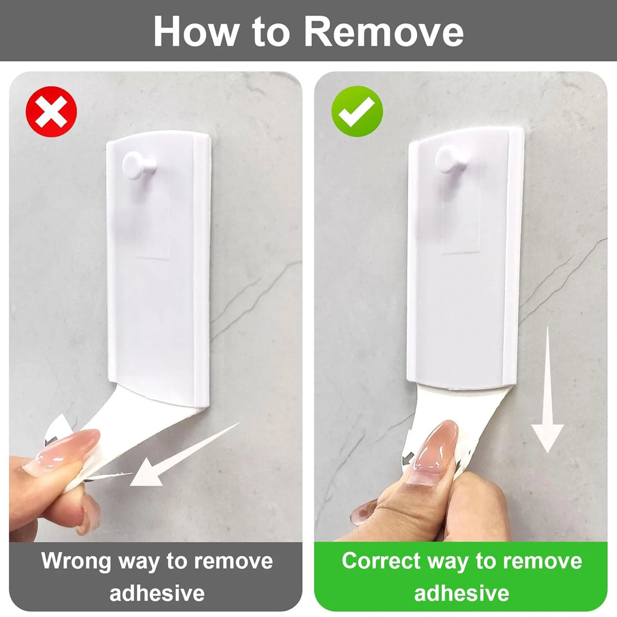 Comparison showing the wrong and correct ways to remove adhesive from a white picture hanger