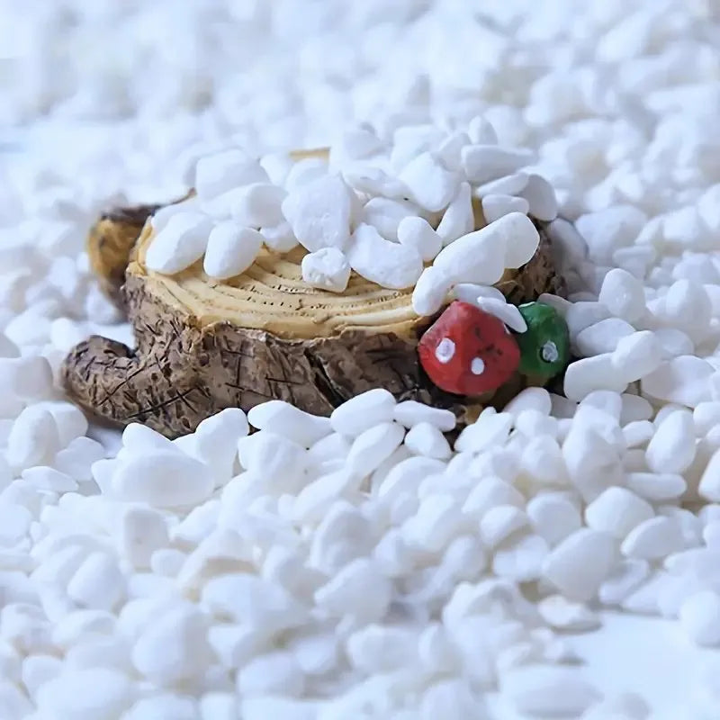Natural polished white pebble stones for aquariums and planters are scattered on a white background.
