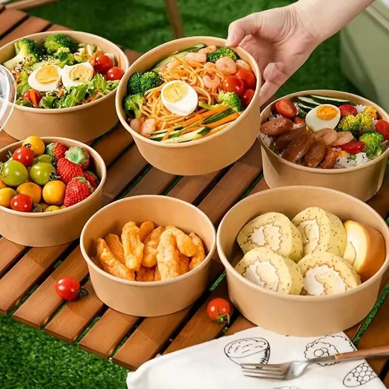 A hand is serving food from round kraft paper bowls filled with various fresh ingredients like vegetables, eggs, and fruit on
