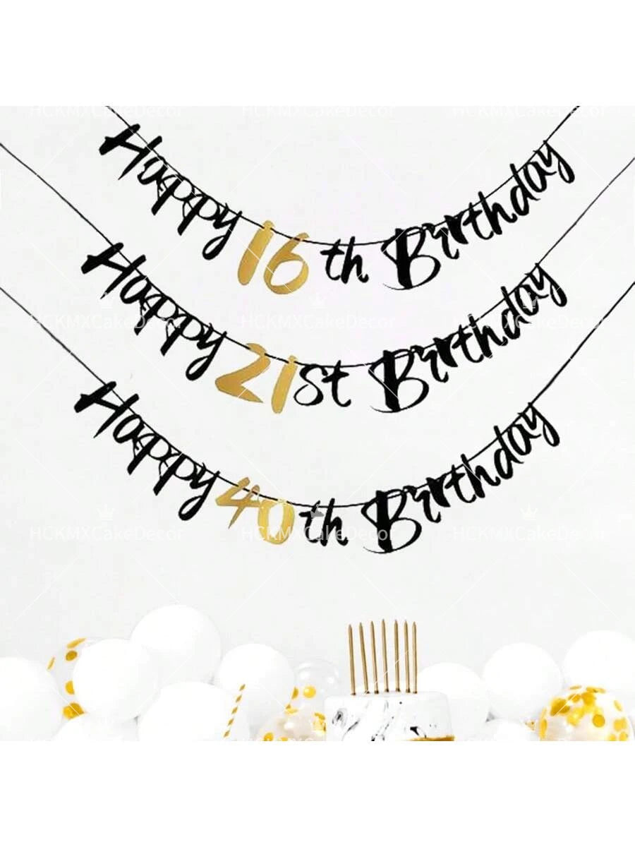 Elegant black and gold glitter birthday banner with numbers 16, 21st, and 40th hanging against a white background.
