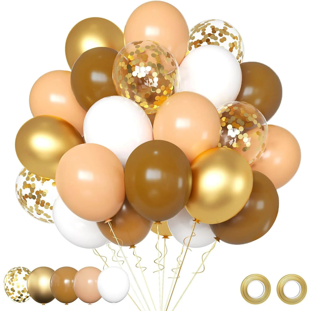 A bouquet of gold and white latex balloons with gold foil accents and gold rings.