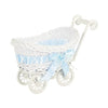 White faux rattan woven storage basket with a light blue ribbon and handle