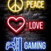 Neon signs displaying PEACE, LOVE, and GAMING on a dark brick wall background.