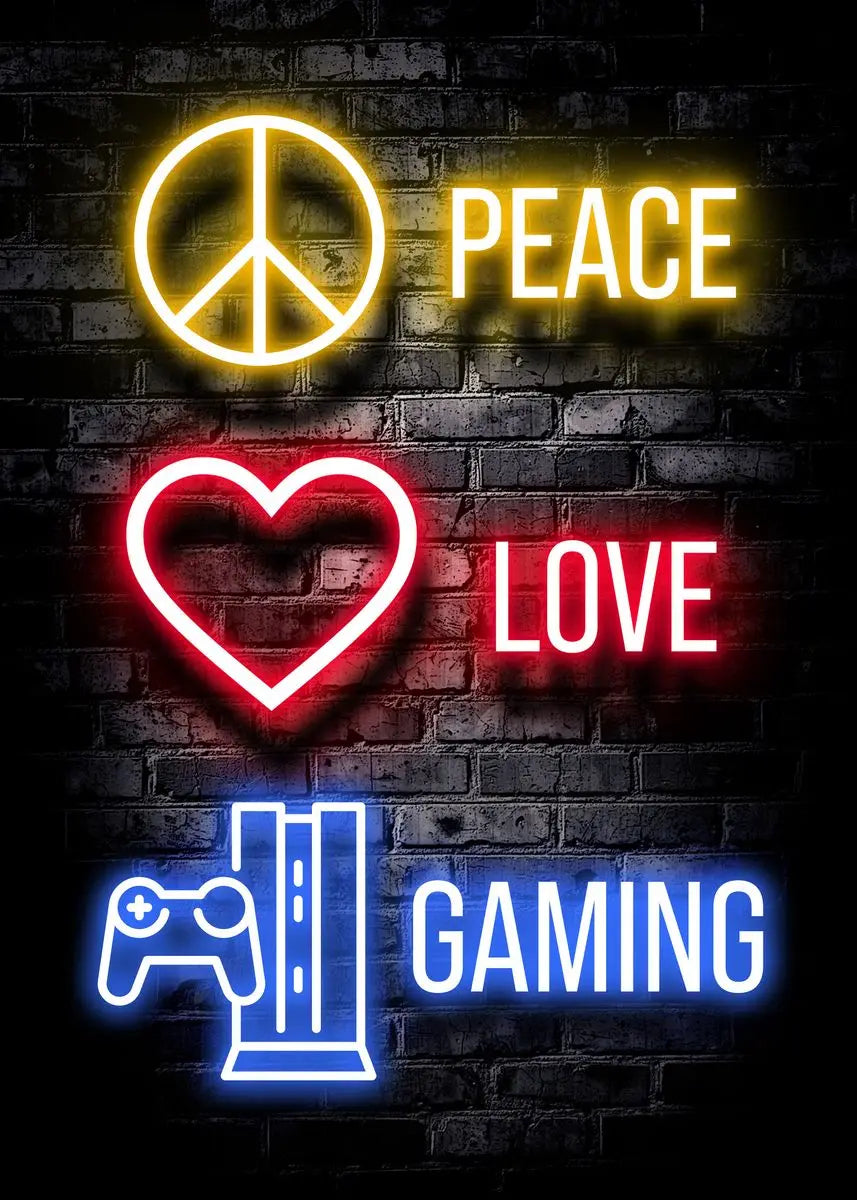 Neon signs displaying PEACE, LOVE, and GAMING on a dark brick wall background.