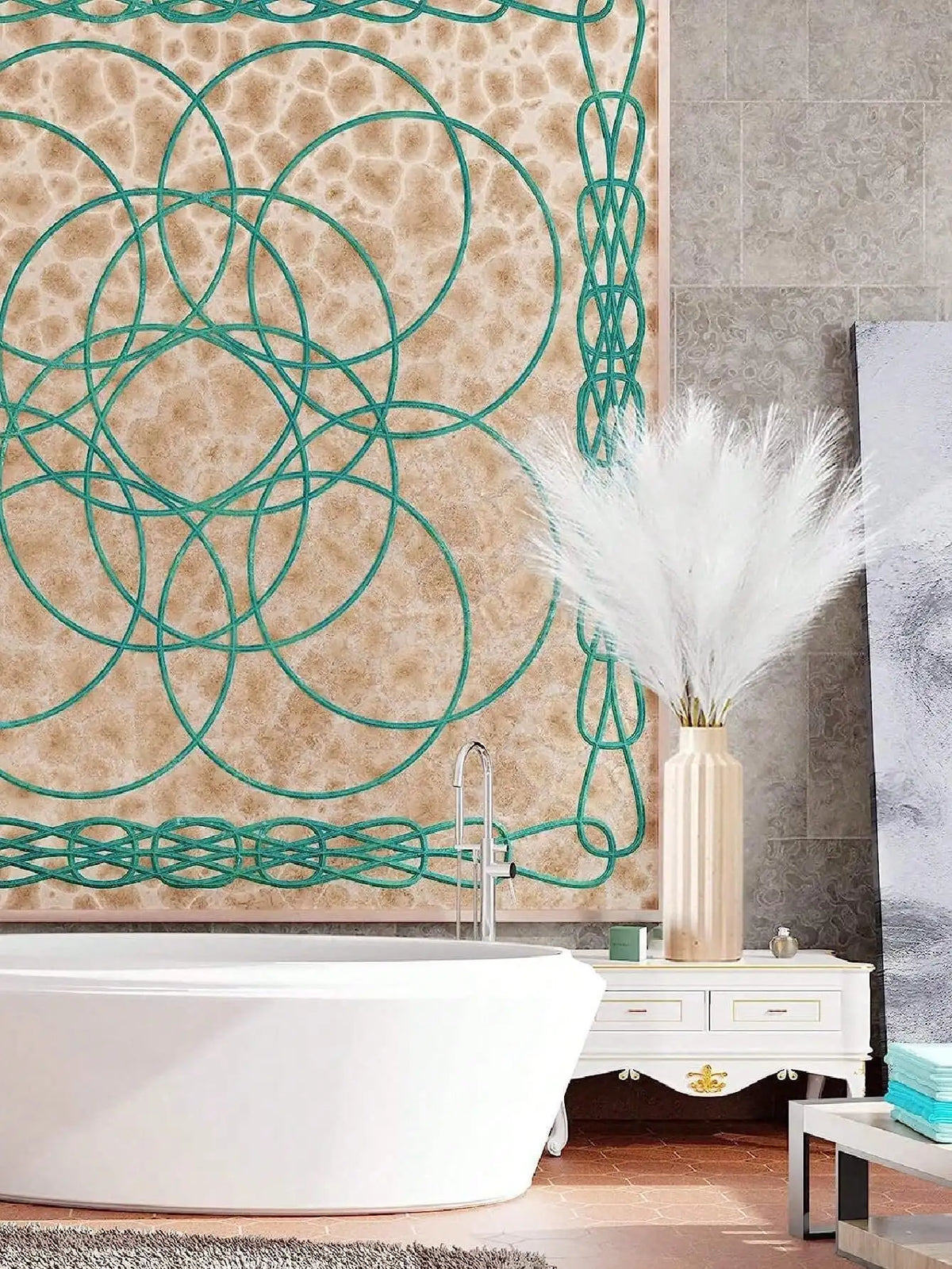 A tall vase holds white artificial reed stems against a textured wall with green decorative metalwork and a white bathtub.
