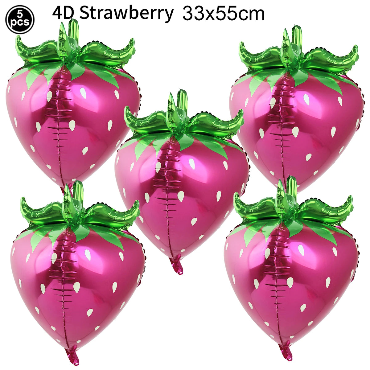 Five glossy pink strawberry shaped balloons measuring 33x55 cm for party decorations