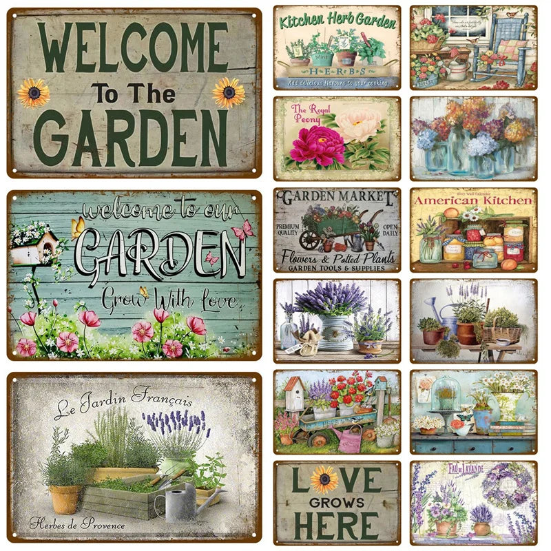 A collection of vintage metal tin signs featuring various garden and home decor phrases like Welcome to The Garden, Love Grow