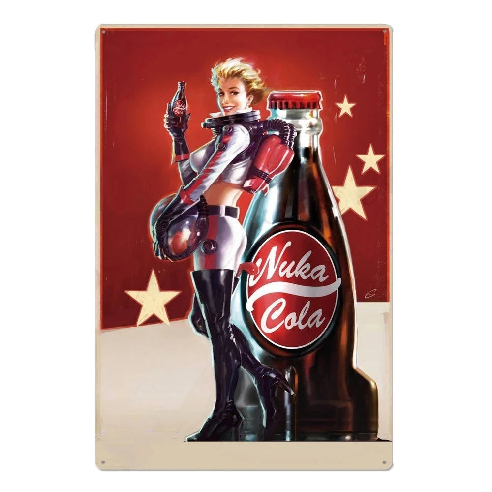 A vintage metal wall sign featuring a woman in a silver outfit holding a bottle of Nuka Cola against a red background.