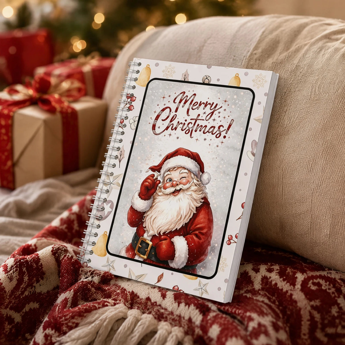 A festive gift card book featuring Santa Claus and Christmas decorations resting on a cozy blanket.