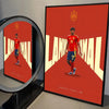 A framed canvas wall art print featuring Lamine Yamal in a red jersey against a red background with geometric lines.