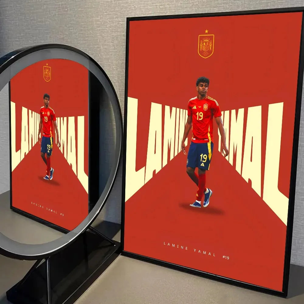 A framed canvas wall art print featuring Lamine Yamal in a red jersey against a red background with geometric lines.