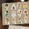 A collection of 12 cute doodle stickers featuring various characters in colorful outfits and styles on a beige background.
