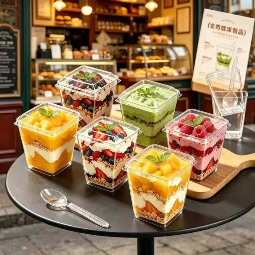 A display of various colorful layered desserts in clear plastic cups with lids and spoons.