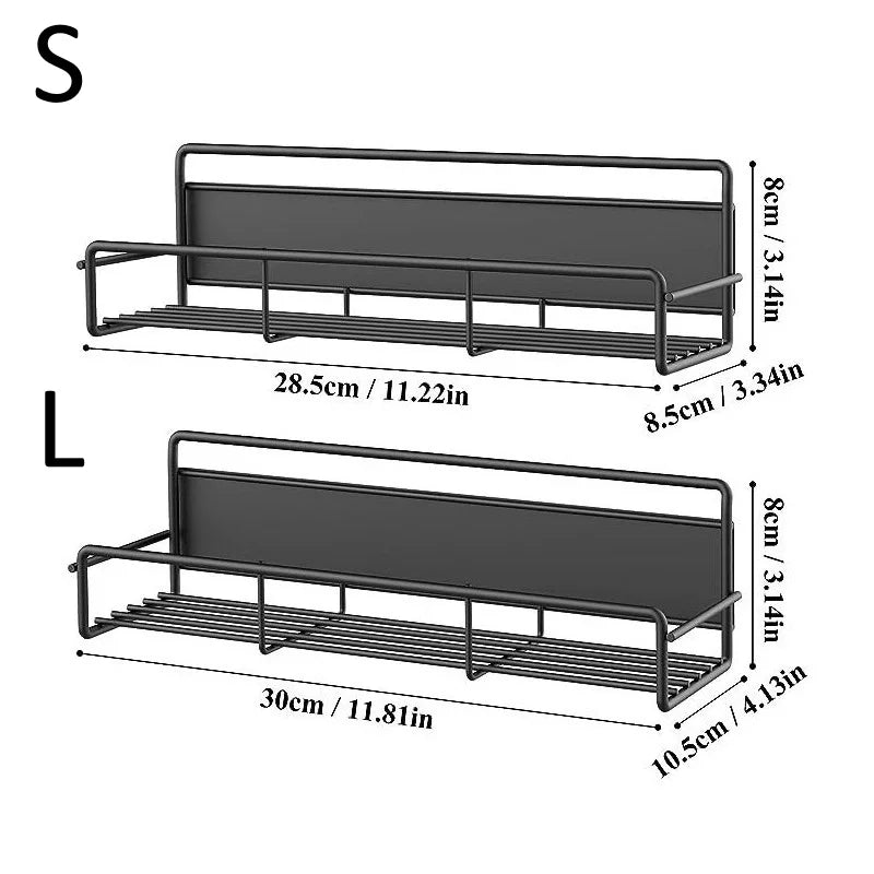 A black magnetic spice rack shown in side view, with dimensions for small (S) and large (L) sizes.