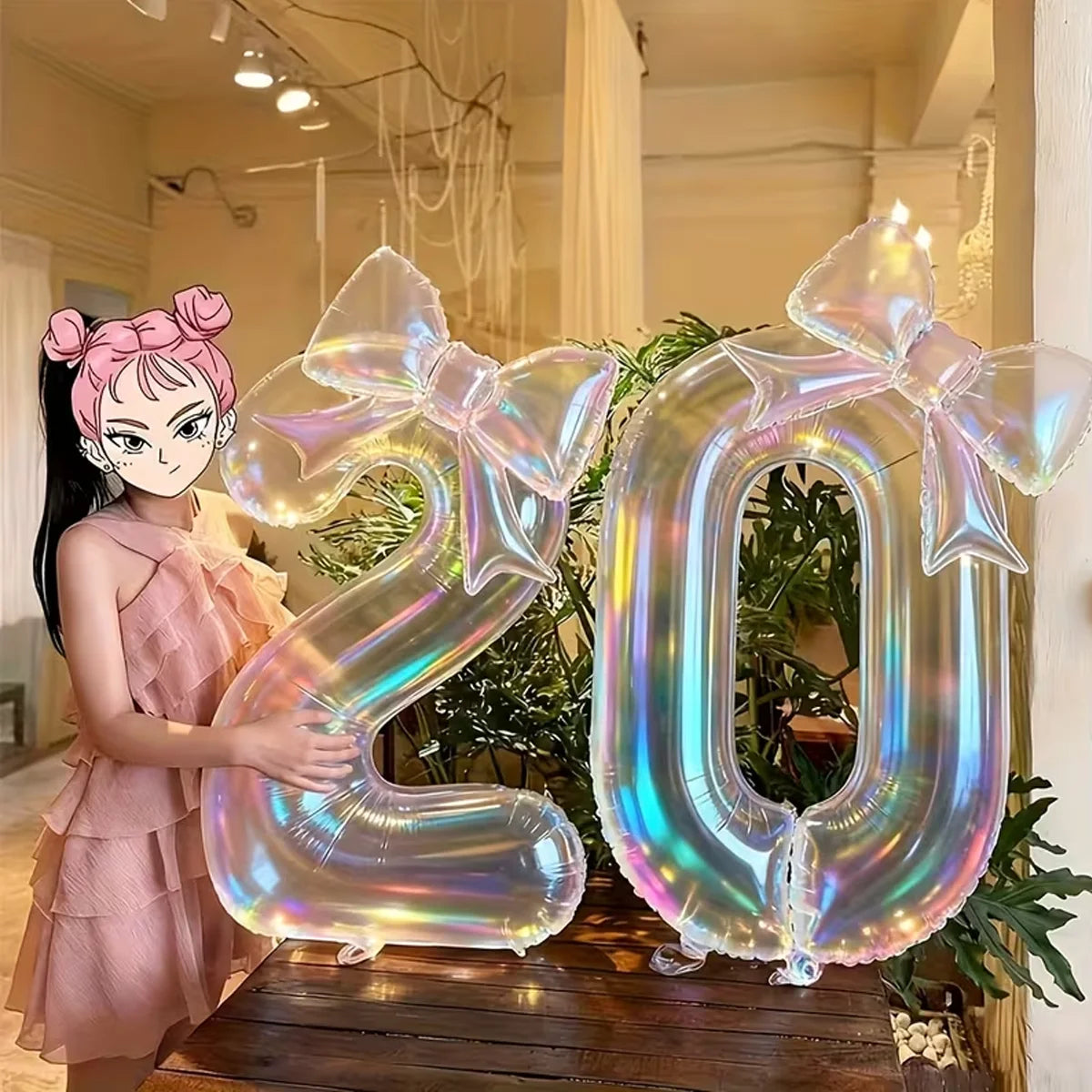 A young woman holds a large transparent number balloon shaped like 20 for a celebration.