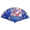 A blue silk hand fan decorated with pink and purple floral patterns and gold trim.