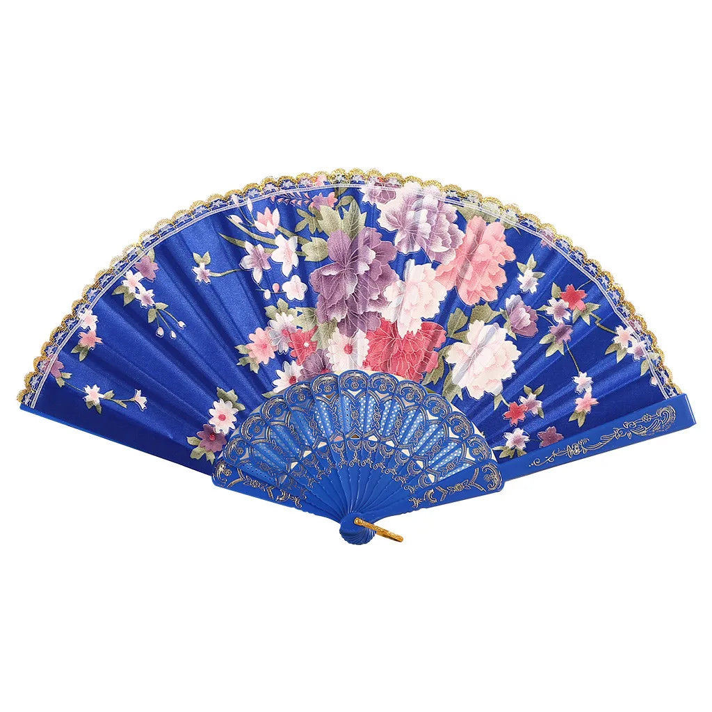A blue silk hand fan decorated with pink and purple floral patterns and gold trim.