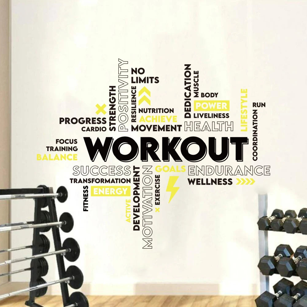A motivational wall decal featuring various fitness and workout related words like strength power success and health arranged