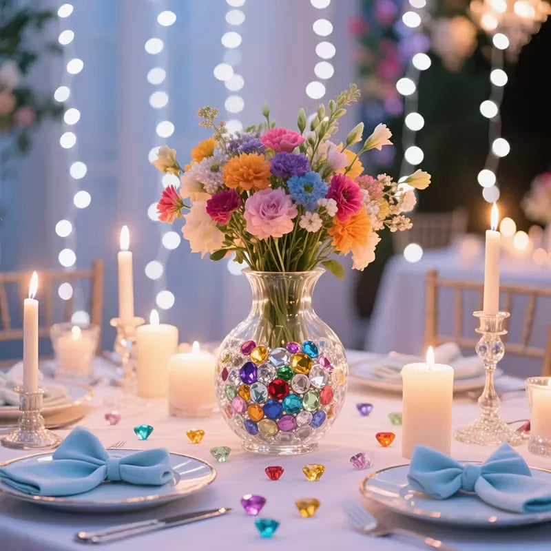 A floral arrangement centerpiece with colorful flowers and scattered acrylic diamond gemstones on a white table setting.
