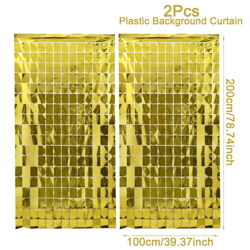 Two pieces of gold plastic background curtain with a sequin glitter pattern