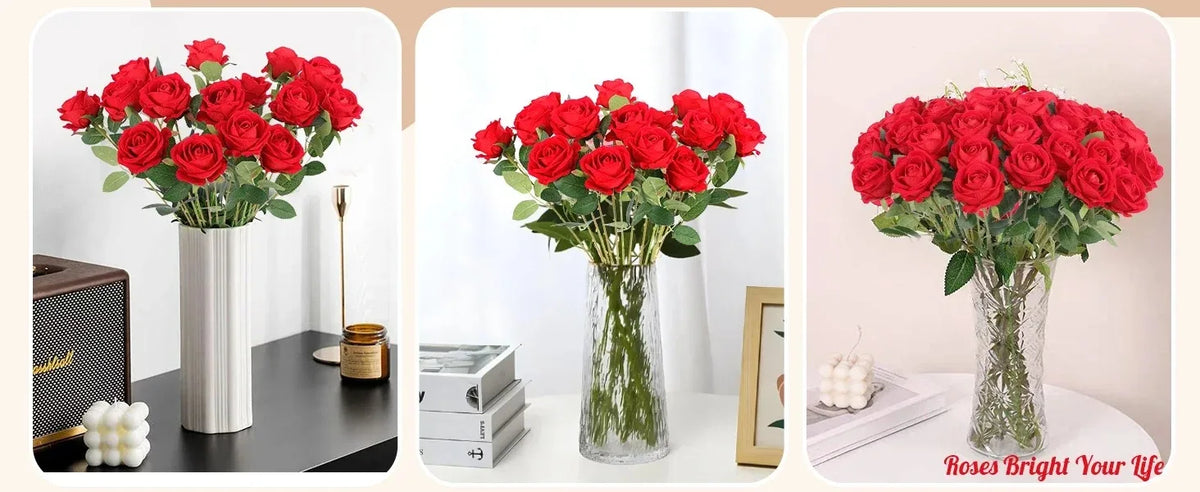 A bouquet of vibrant red velvet artificial roses with bendable stems displayed in a clear glass vase.