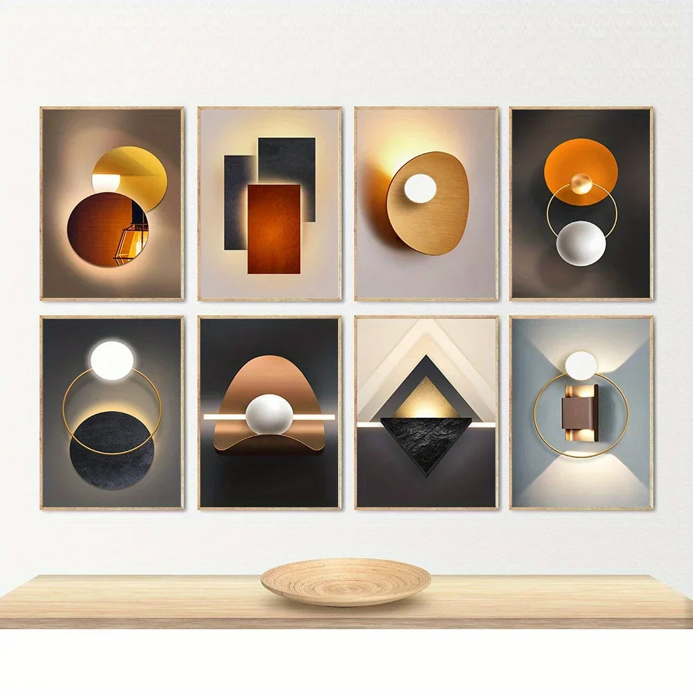 A gallery wall featuring nine modern geometric canvas art pieces with various earth tones and metallic accents.