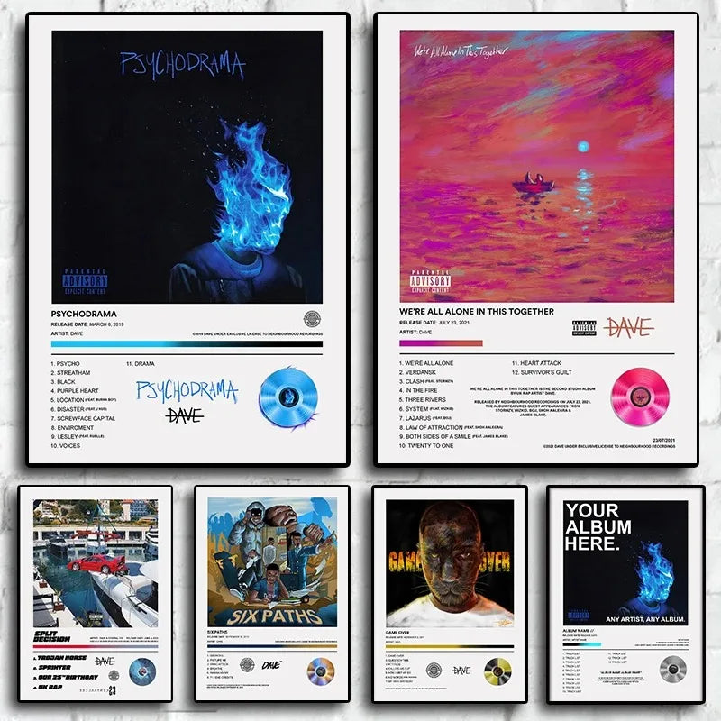 A collection of album covers and posters for the artist Dave, including Psychodrama and Six Paths.