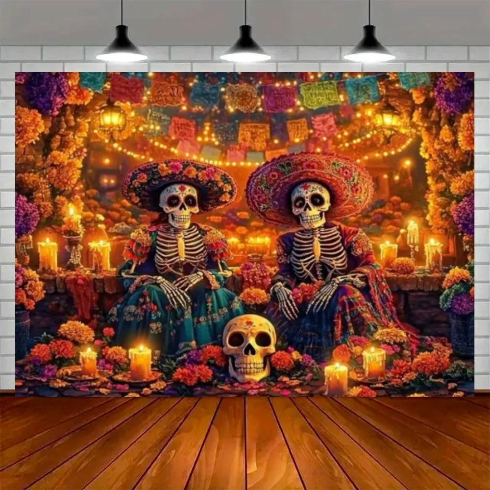 Day of the Dead Skeleton Carnival Backdrop for Halloween Party Decorations