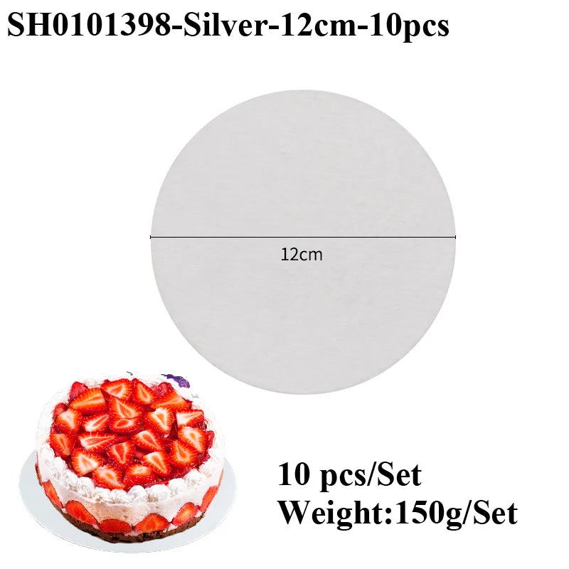 A white, round cake board with a silver coating is shown next to a strawberry cake.