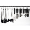 A set of ten S-shape stainless steel hanging kitchen tools, including spatulas and whisks, are displayed on a rack.