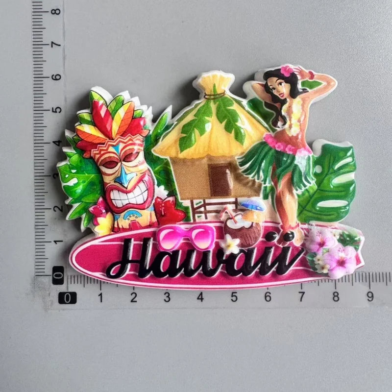A set of fridge magnets featuring vibrant illustrations of Hawaiian themes, including a face, a hut, and a woman.