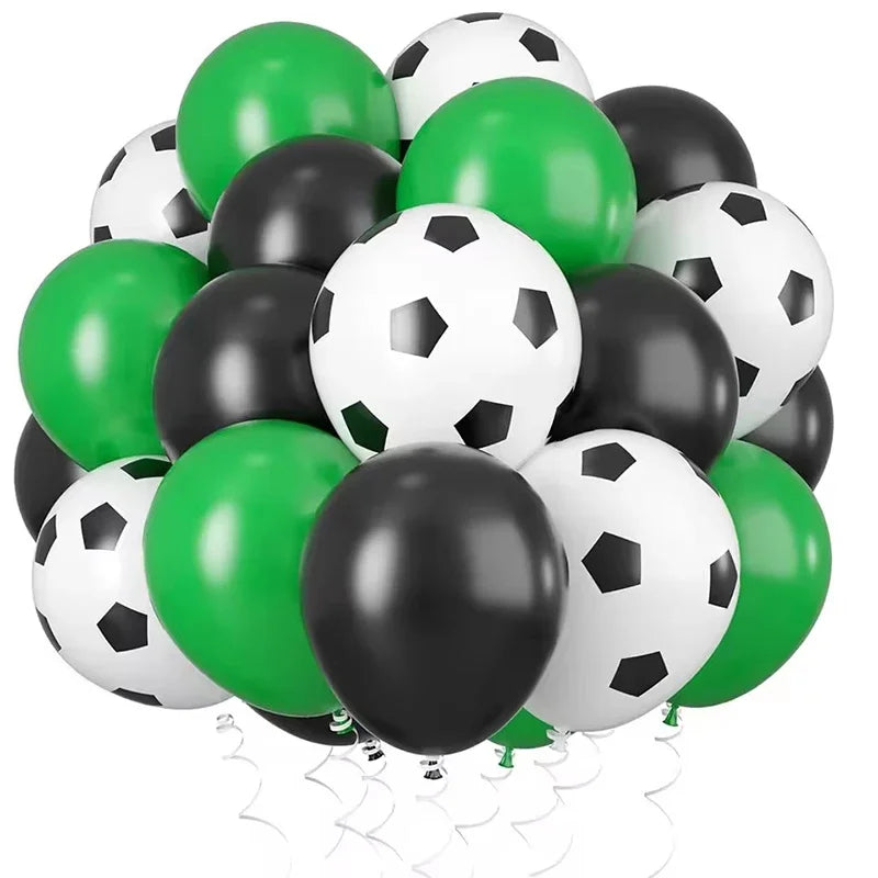 A pack of 30 latex balloons in green, black, and white football shapes for a party.