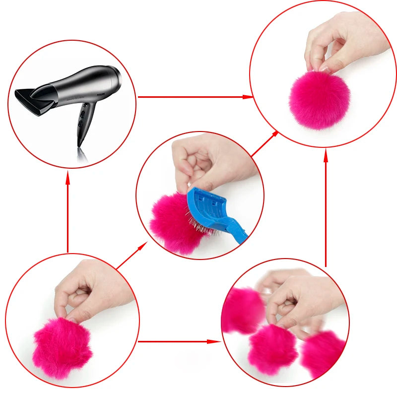 A set of faux fur pom poms in various shades of pink and magenta, shown alongside a silver keychain tool.