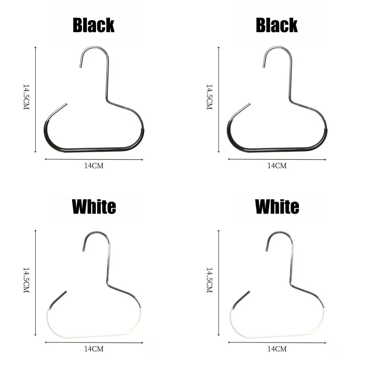 A set of round hooks in black and white, measuring 14cm in length and 14.5cm in height.