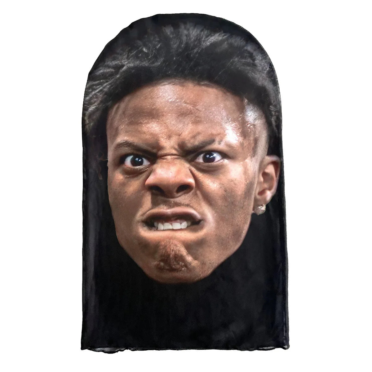 A dark, realistic mask resembling a man's face with an intense expression.