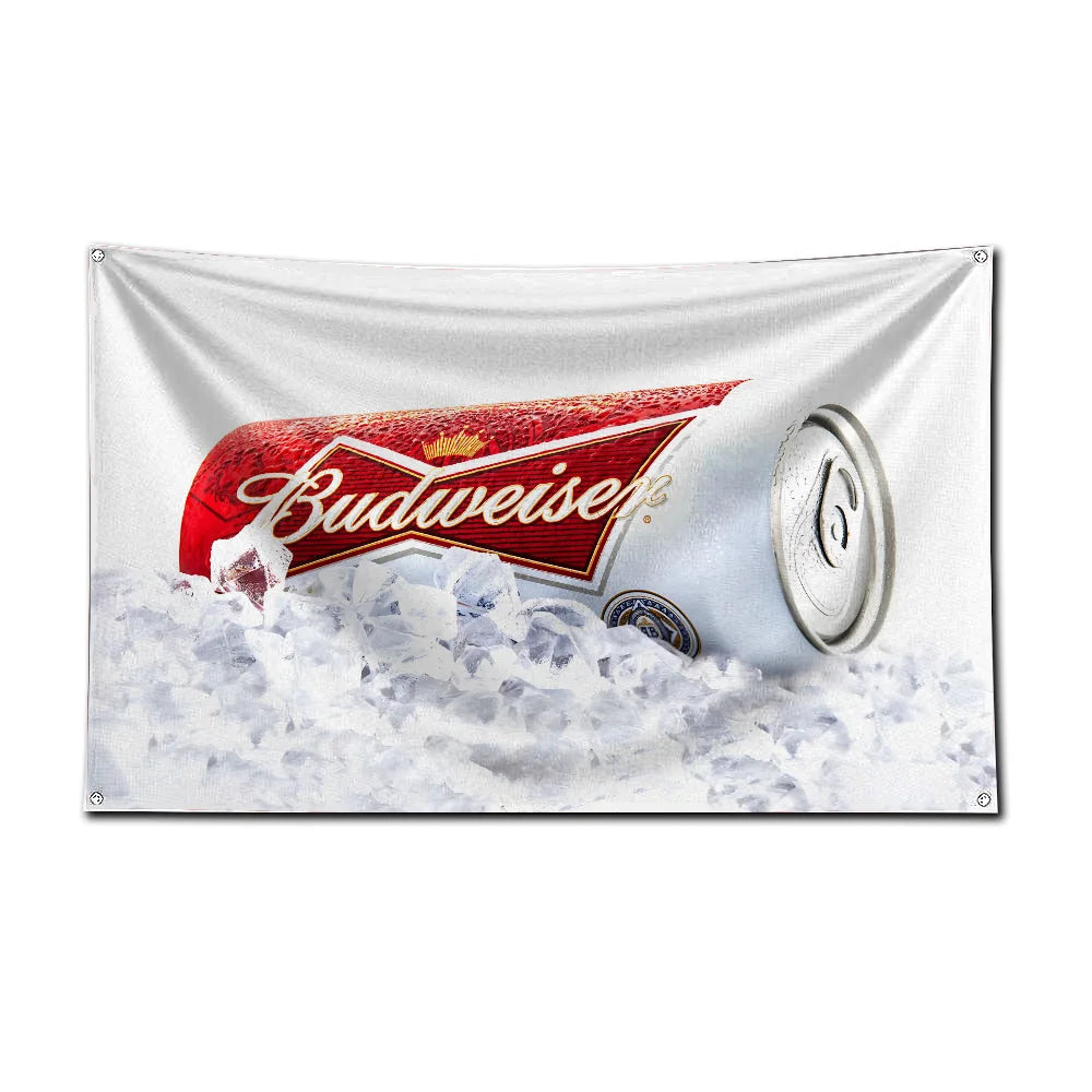 A decorative flag featuring a beer can design with the word Budweiser on a snowy background.