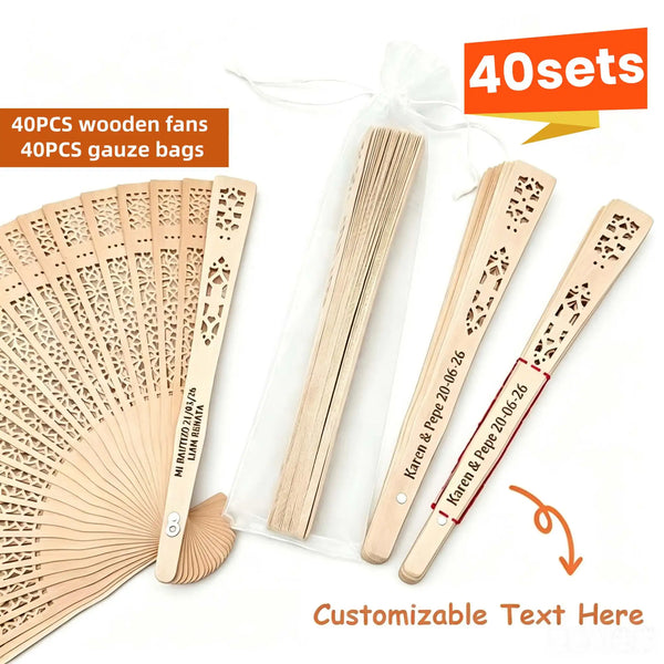 40 sets of customizable sandalwood folding fans and gauze bags shown with wooden fans and pouches.