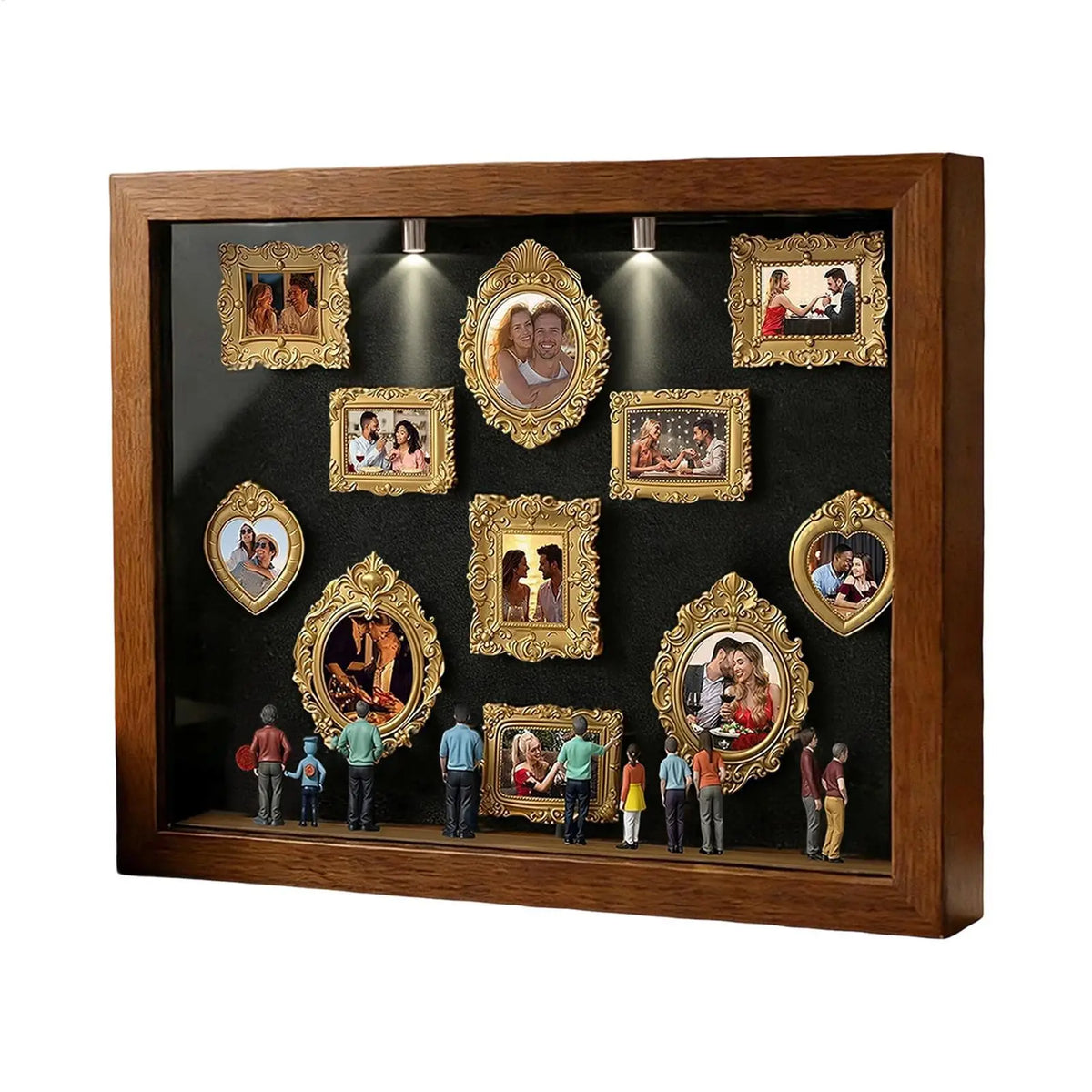 A wooden photo display frame featuring multiple framed photographs with ornate gold borders and glass.