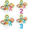 A set of colorful cartoon Cocomelon watermelon foil balloons featuring various characters and faces.