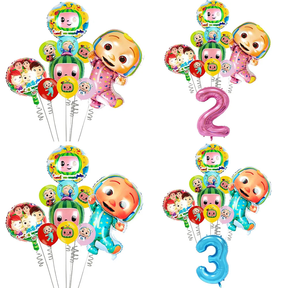 A set of colorful cartoon Cocomelon watermelon foil balloons featuring various characters and faces.