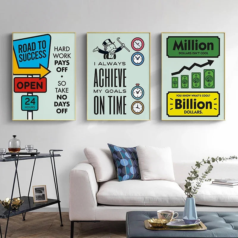Un set de tres impresiones artísticas motivacionales con textos como 'Camino al Éxito', 'Siempre logro mis metas a tiempo' y 