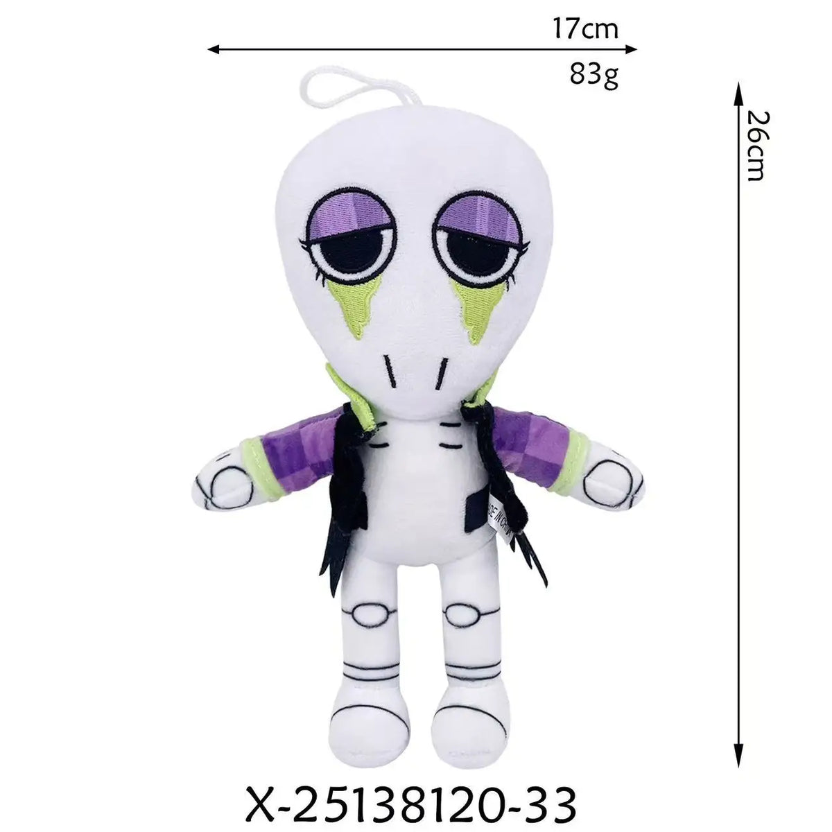A white plush toy with purple accents and large eyes, measuring 17cm tall and weighing 83g.