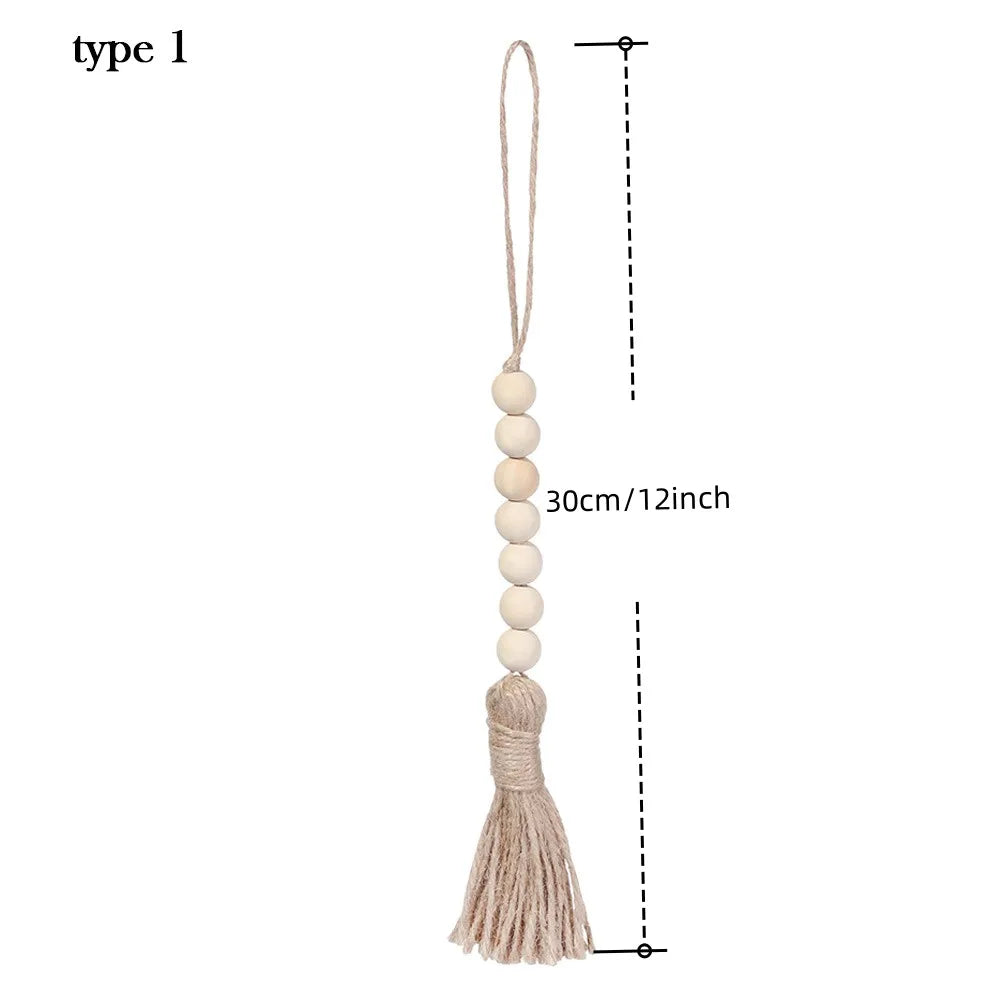 Type 1 boho farmhouse tassel bead wall hanging featuring light beige natural fibers