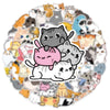 A circular collage of various cute cartoon cat stickers featuring different breeds and expressions.