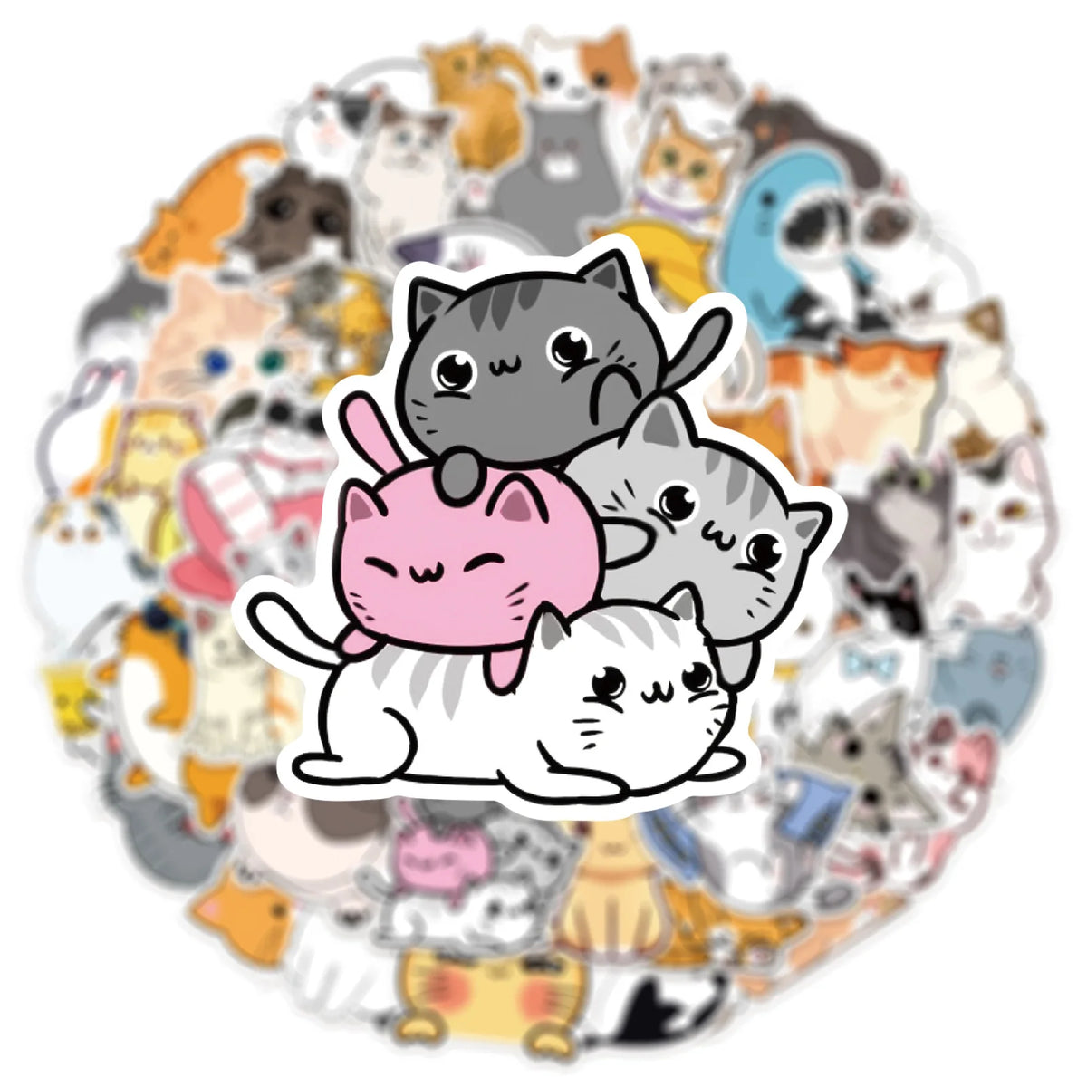 A circular collage of various cute cartoon cat stickers featuring different breeds and expressions.